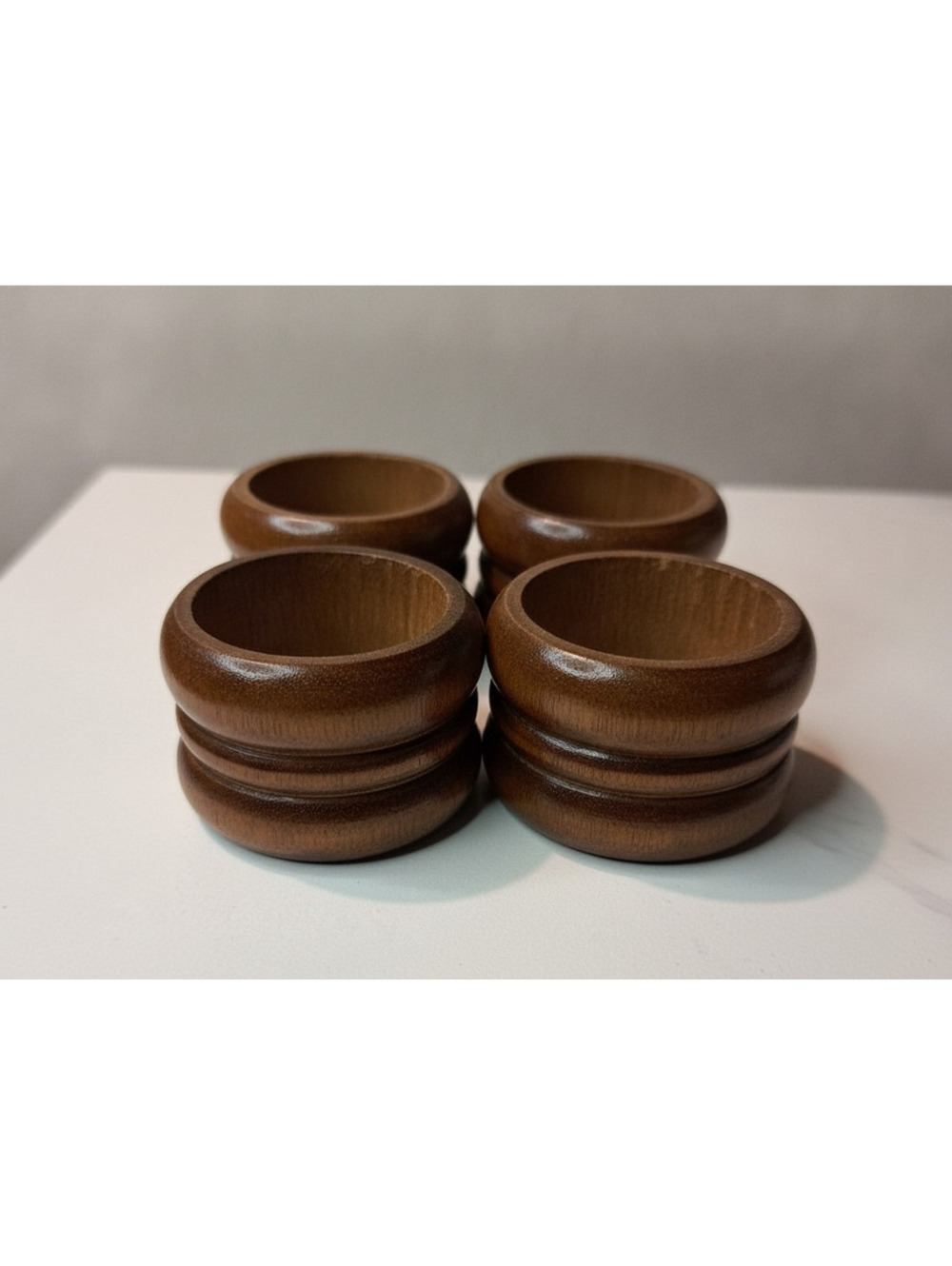 Vintage Set of 4 Dark Wood Carved Ribbed Napkin Rings